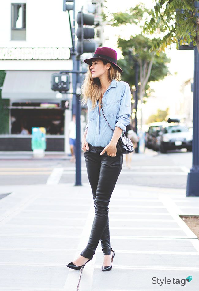 leather and denim with a floppy hat